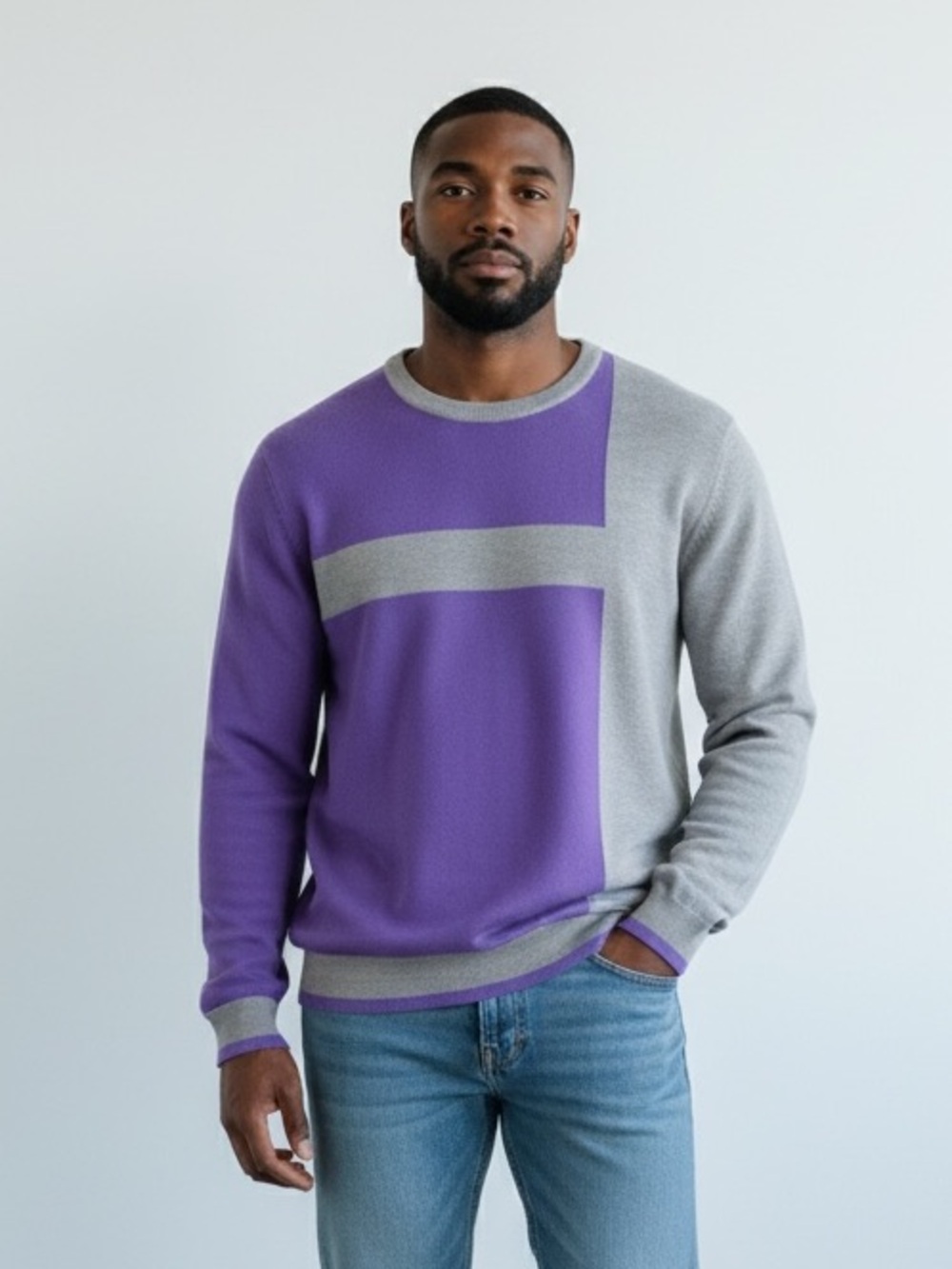 Alfani Men’s Merino Wool Pullover Size L Sweater Crewneck Purple Colorblock